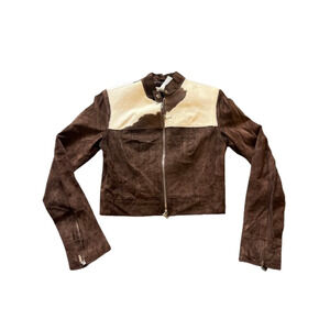 BEBE Brown Suede Full Zip Biker Leather Jacket with Cow Hide Patchwork - Size S